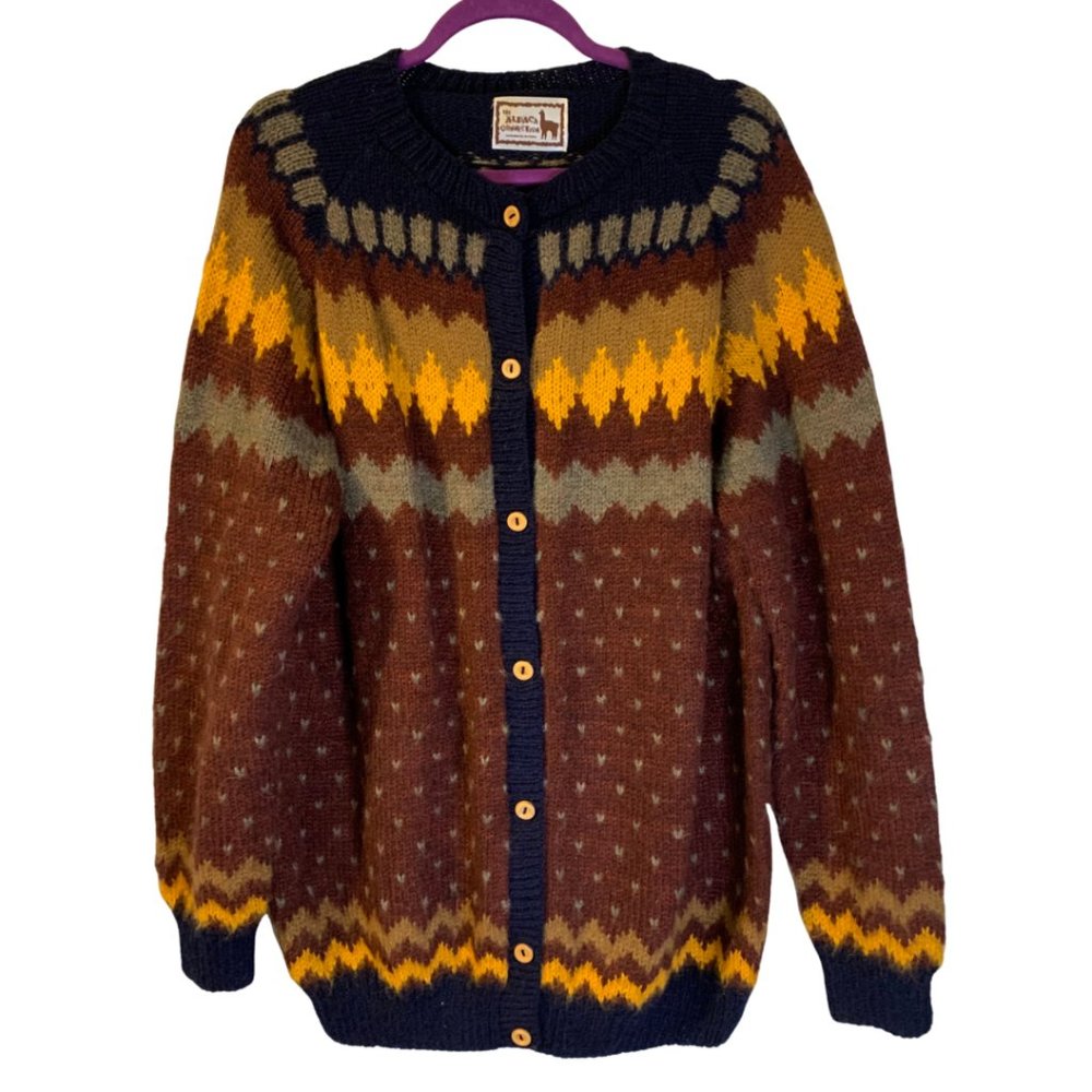 Vintage-Inspired Navy & Brown Fair Isle Cardigan Sweater